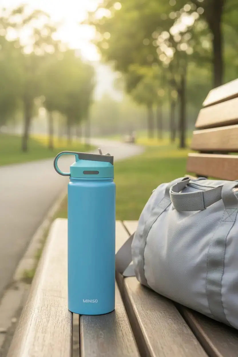 Miniso Lisanslı Klasik Tasarım Pipetli Çelik Suluk 900 ml – Sızdırmaz Kapaklı Mavi