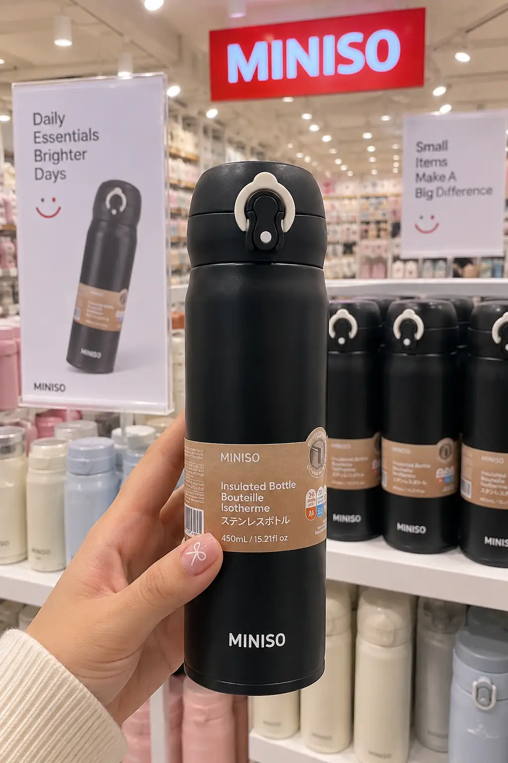 Miniso Lisanslı Kahve Serisi Kapaklı Termos Siyah 450 Ml – Paslanmaz Çelik