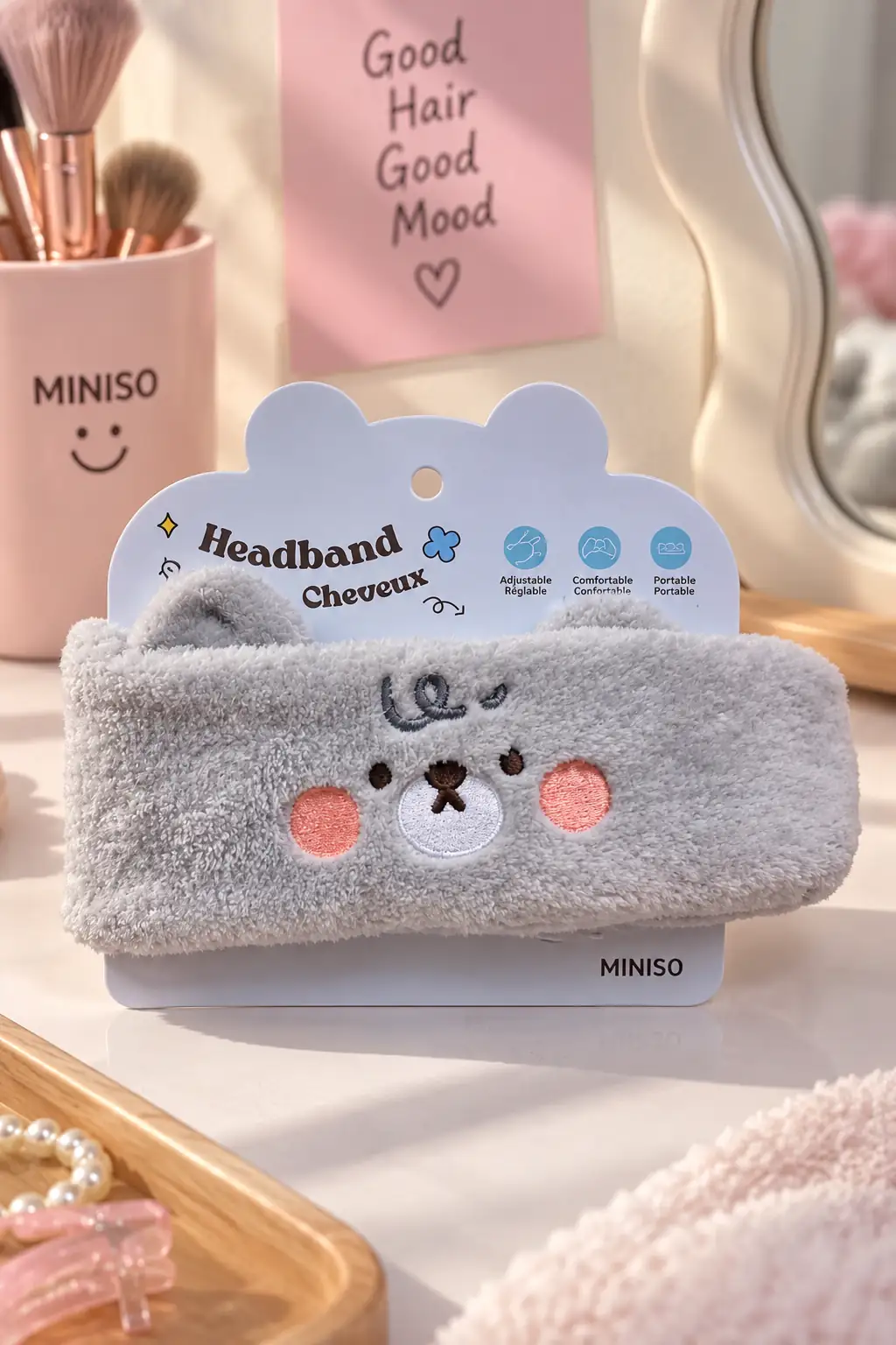Miniso Lisanslı Hayvan Desenli Saç Bandı Gri – Ayarlanabilir Tokalı 20 Cm
