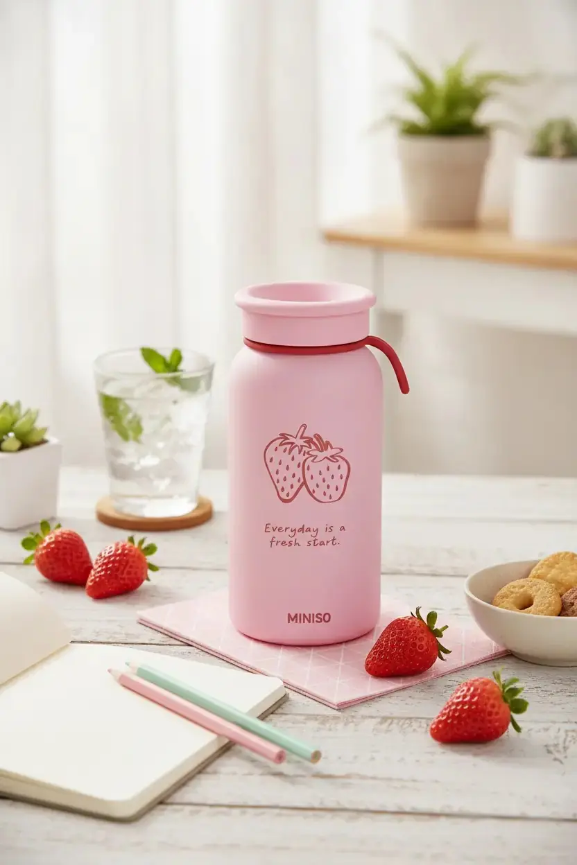 Miniso Lisanslı Çilek Serisi Askılı Çift Cidarlı Termos 400 Ml