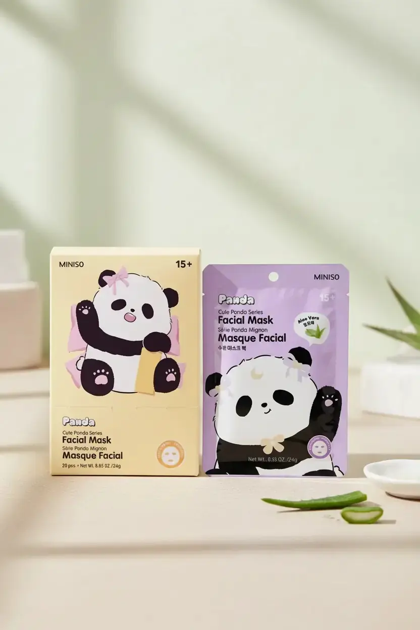 Miniso Lisanslı Sevimli Panda Serisi Yüz Maskesi – Ferahlatıcı Aloe Vera Özlü 17 Cm