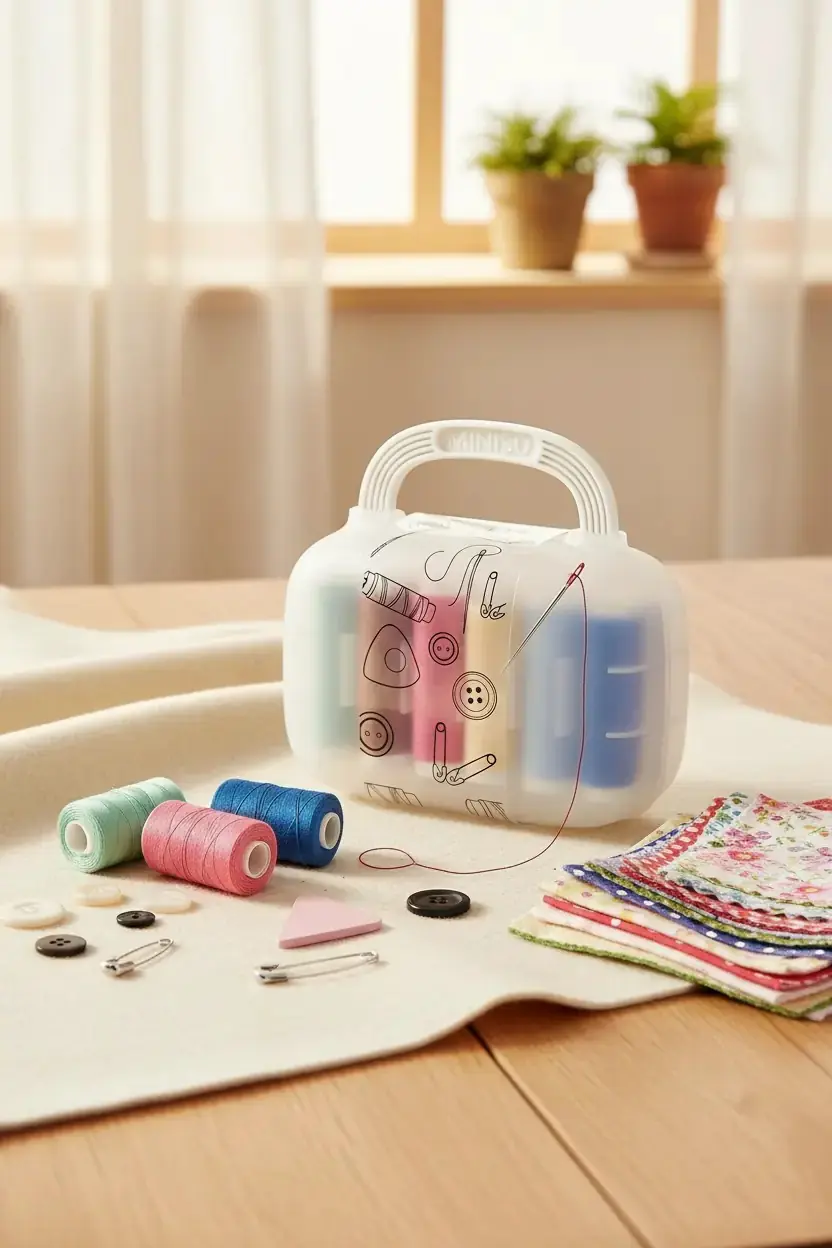 Miniso Lisanslı Mini Dikiş Kutusu Beyaz – Seyahat Tipi Taşınabilir Pratik Onarım Seti 12 Cm