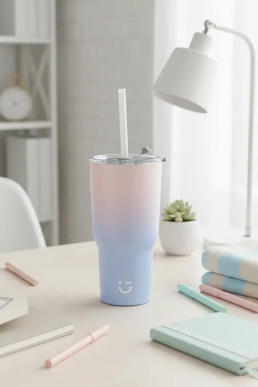 Miniso Lisanslı Gradyan Renkli Pipetli Çelik Matara 580 Ml – 304 Paslanmaz Çelik Pembe Mavi