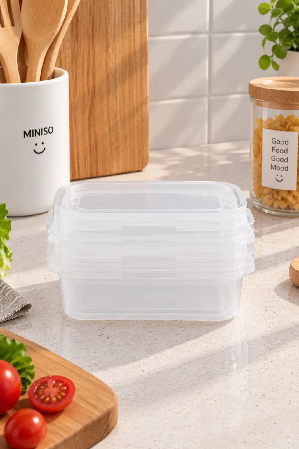 Miniso Lisanslı Şeffaf Beyaz Dikdörtgen Yemek Kabı Seti 3’lü 400 Ml