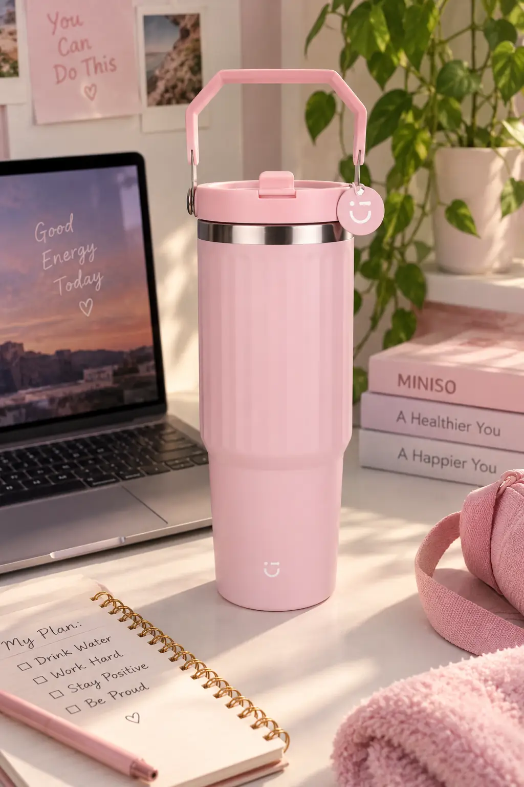 Miniso Lisanslı Sakura Pink Çelik Matara 900 mL – Tutamaklı Tasarım