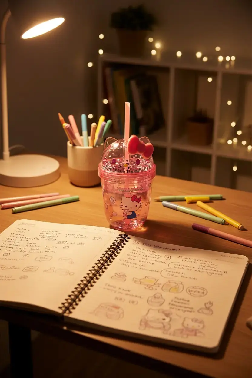 Sanrio Lisanslı Hello Kitty Tatlı Fabrikası Serisi Plastik Şişe Pipetli ve Süslemeli 435 mL
