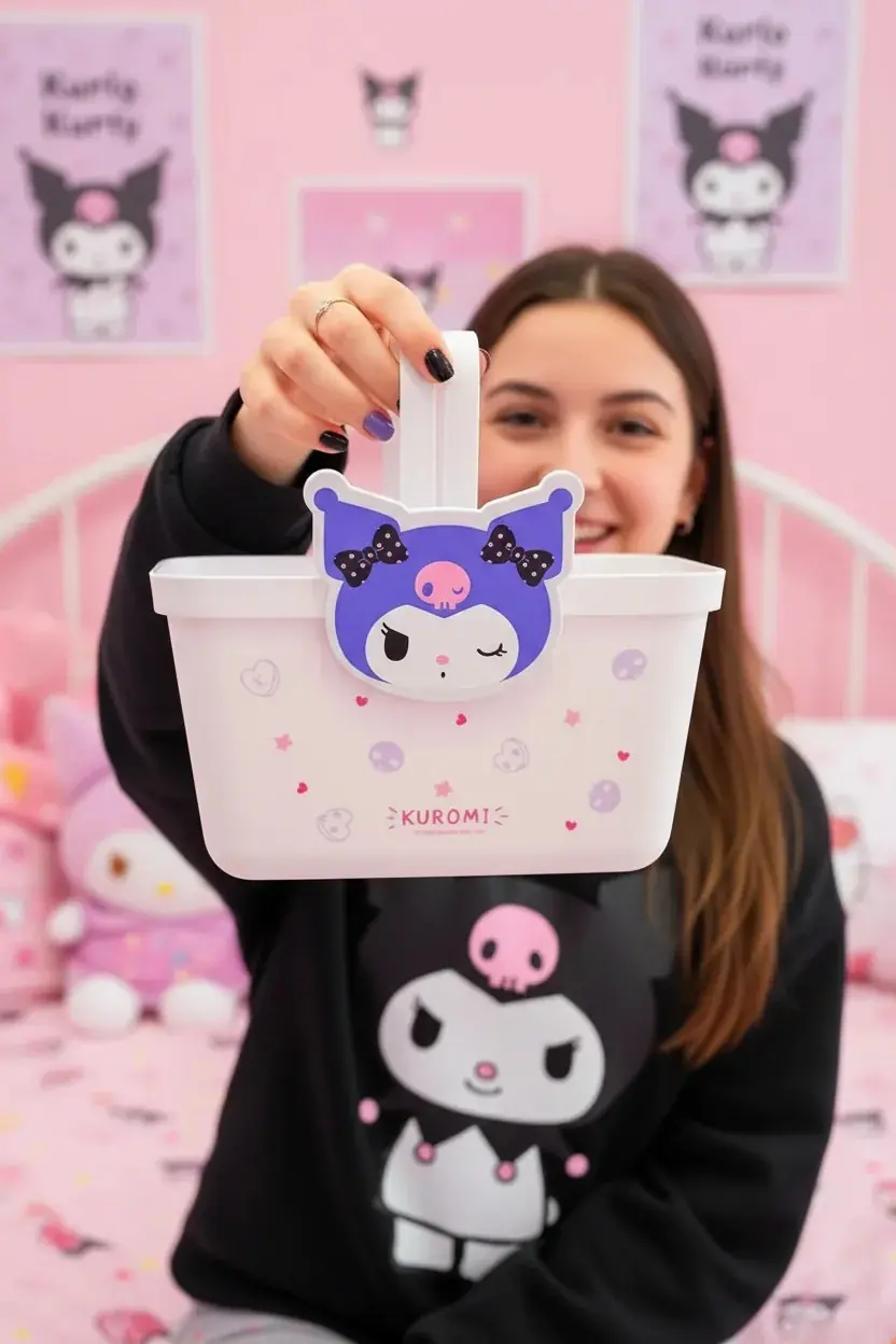 Sanrio Lisanslı Kuromi Saplı Mor Sepet – Çok Amaçlı Düzenleyici Saklama Kutusu 24.7 Cm