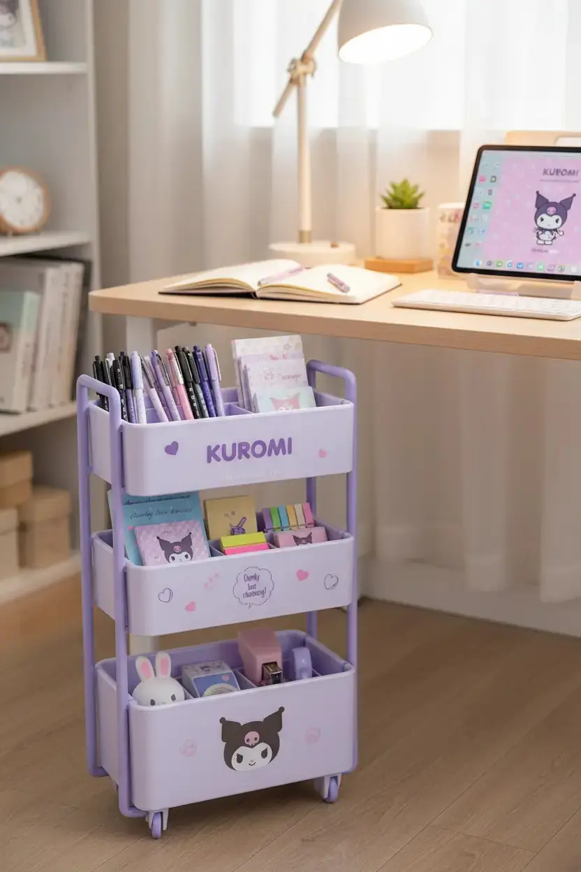 Sanrio Lisanslı Kuromi Tekerlekli El Arabası Masa Üstü Organizer