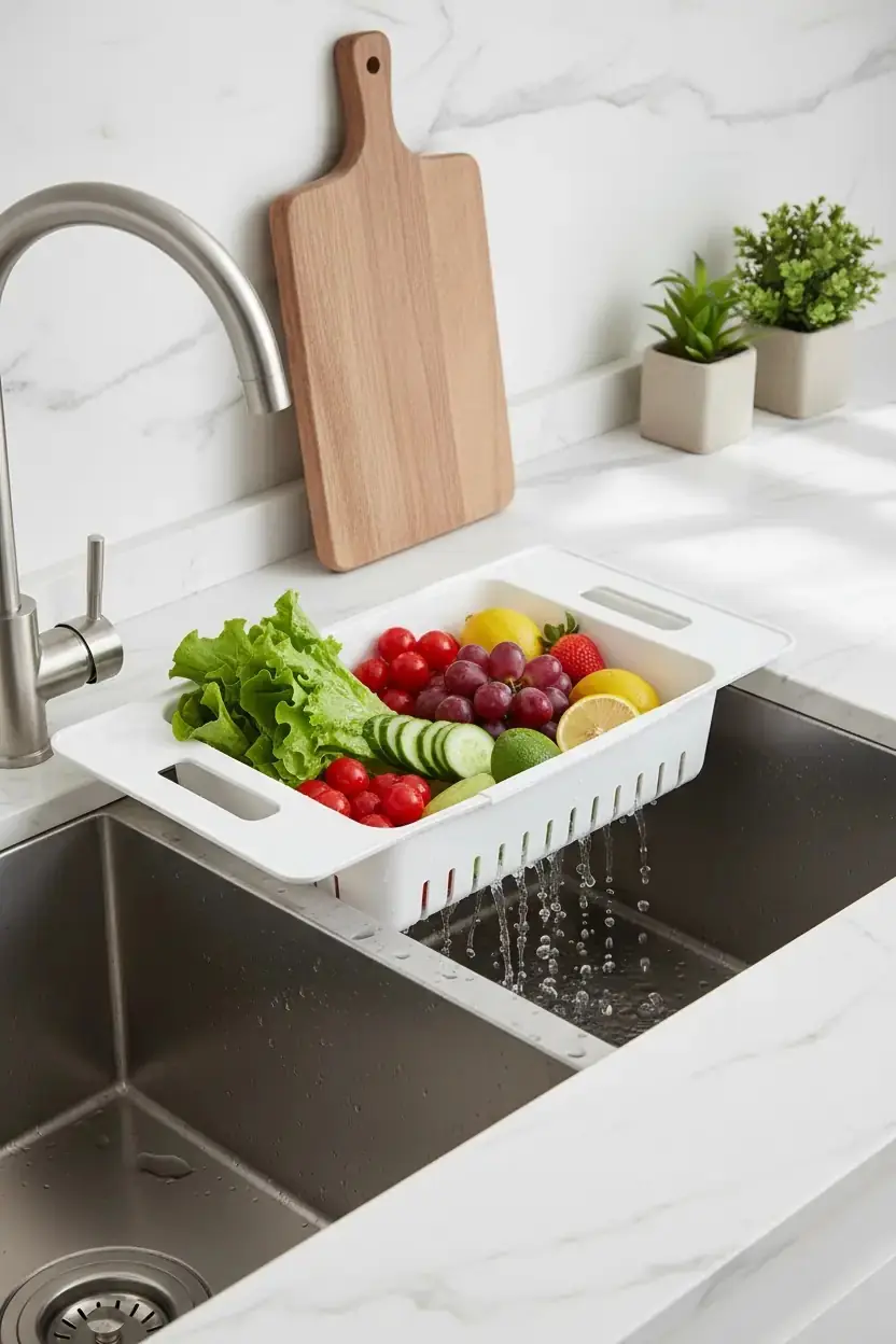 Miniso Lisanslı Ayarlanabilir Lavabo Süzgeci – Beyaz Fonksiyonel Meyve Sebze Yıkama ve Bulaşık Süzücü 37,8 Cm