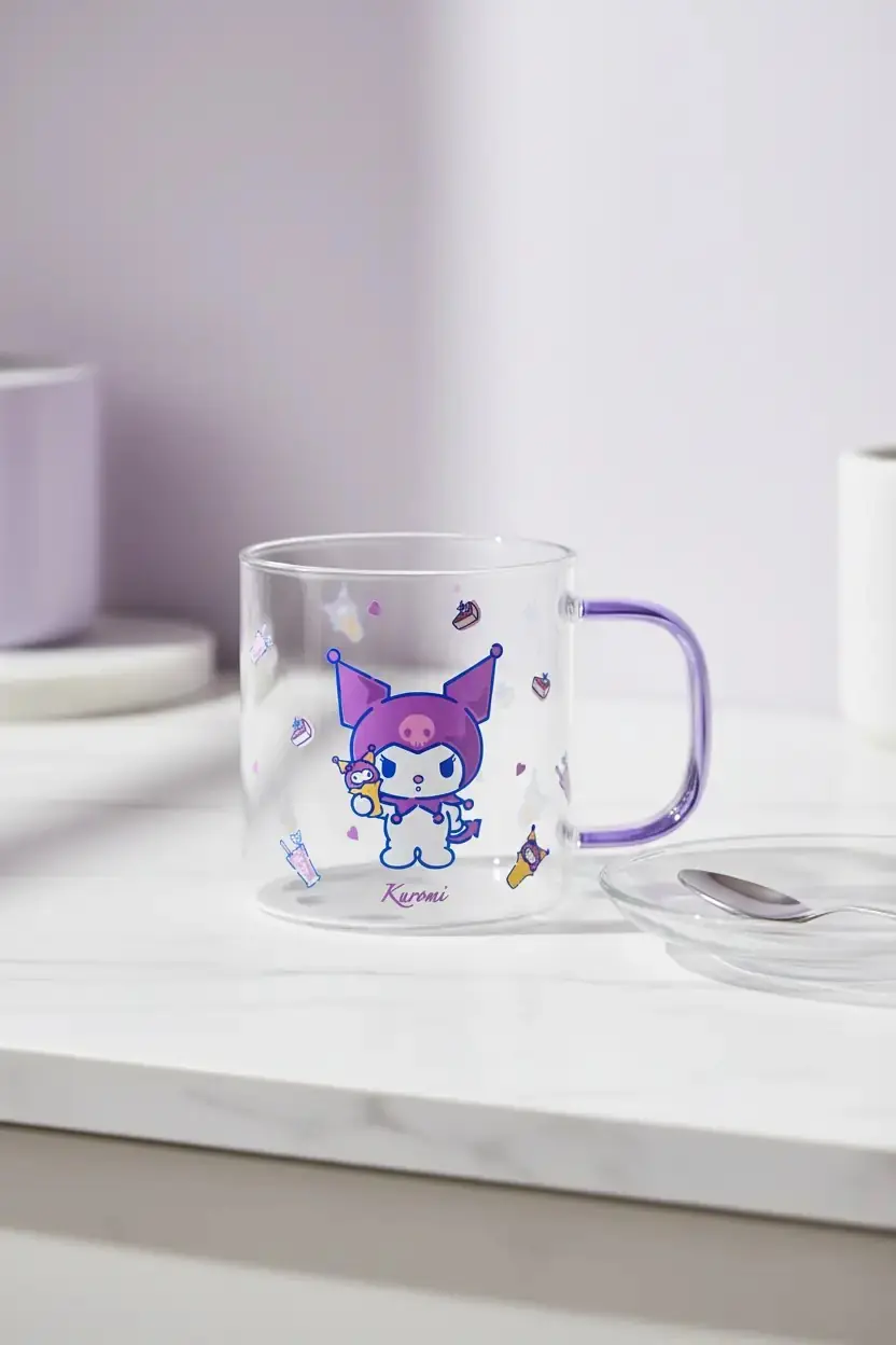 Sanrio Lisanslı Kuromi Renkli Saplı Cam Bardak – Borosilikat Cam Estetik Kupa 420 mL