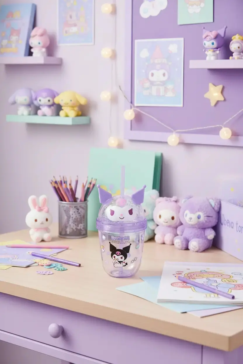 Sanrio Lisanslı Kuromi Tatlı Fabrikası Serisi Kulak Detaylı Pipetli Su Şişesi 435 ml