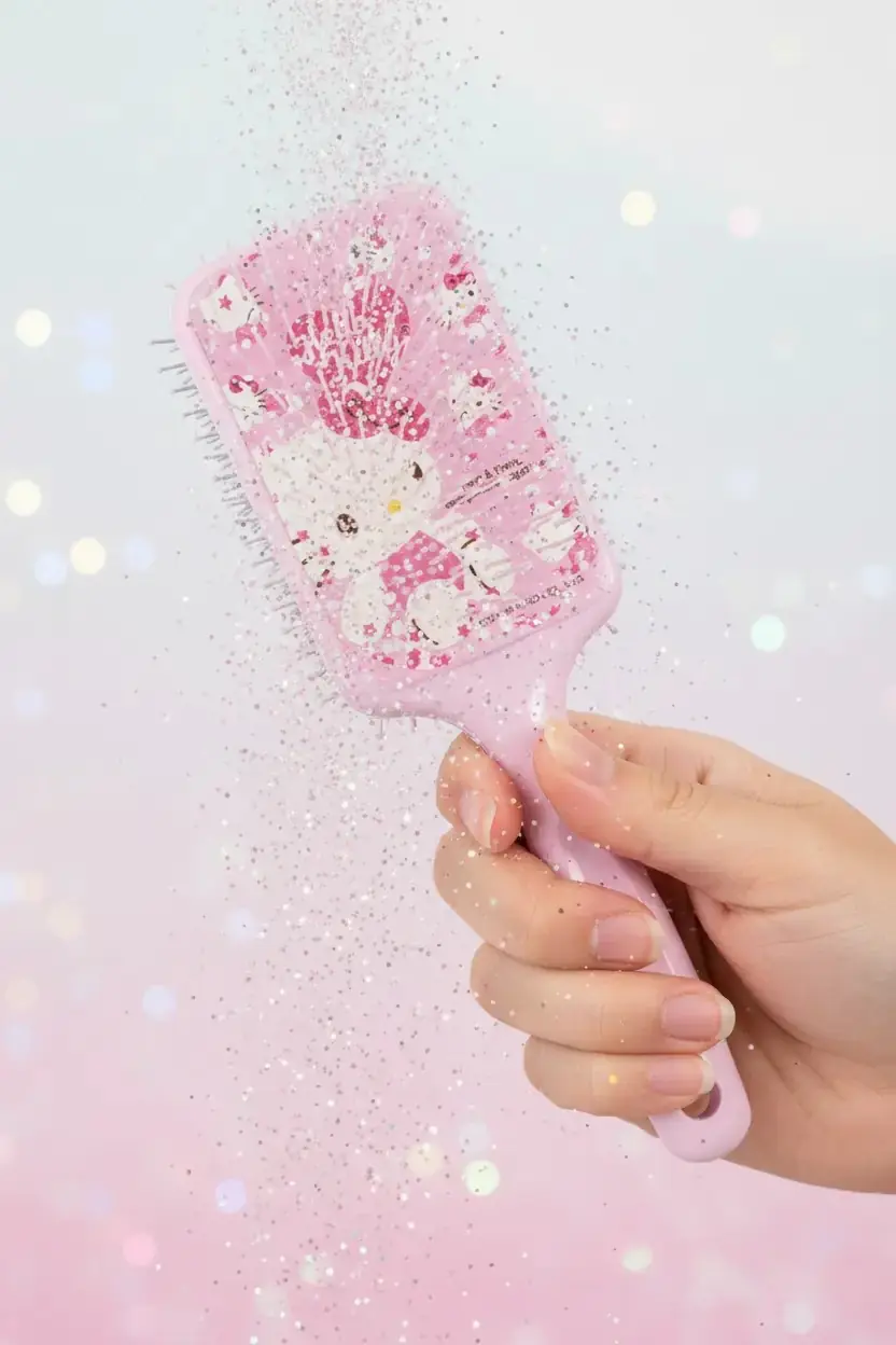 Sanrio Lisanslı Hello Kitty Pembe Serisi Simli Yastıklı Saç Fırçası – Konforlu ve Kolay Tarama 23 Cm