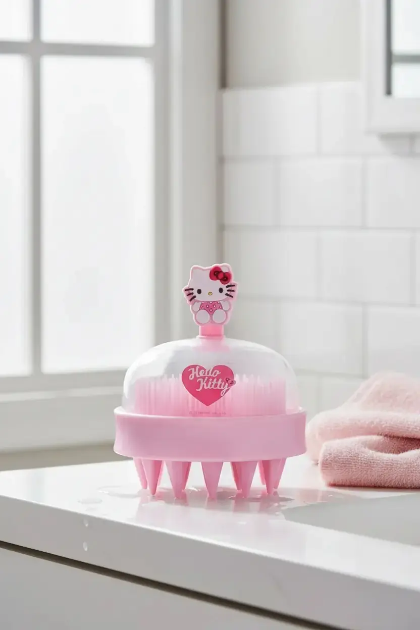 Sanrio Lisanslı Hello Kitty Pembe Serisi Masaj Aleti Şampuan Fırçası – Esnek Silikon Uçlu 9.3 Cm