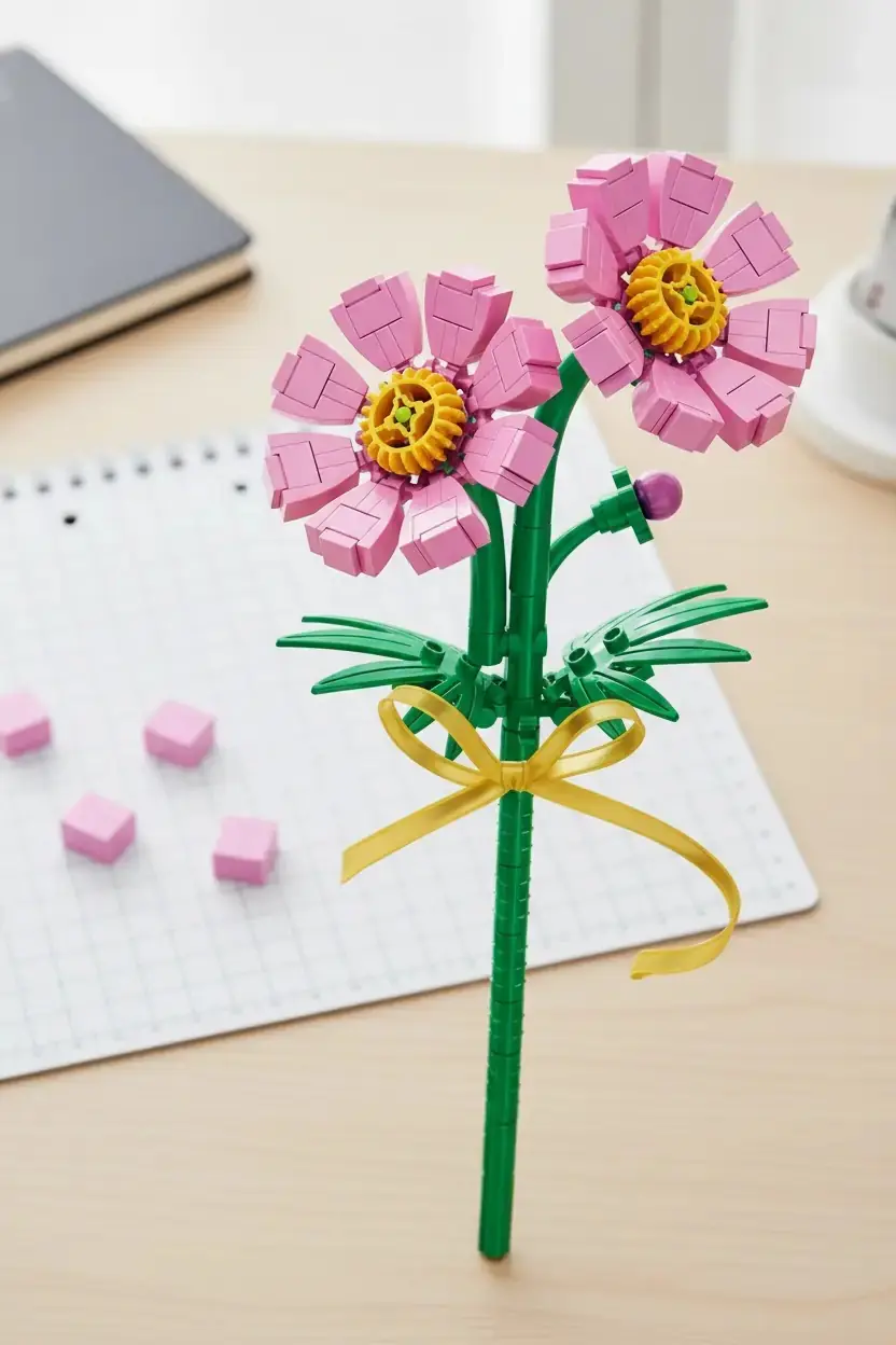 Miniso Lisanslı Çiçek Serisi Pembe İnşa Blokları Seti ABS Dekoratif Çiçek Yapım Bloğu