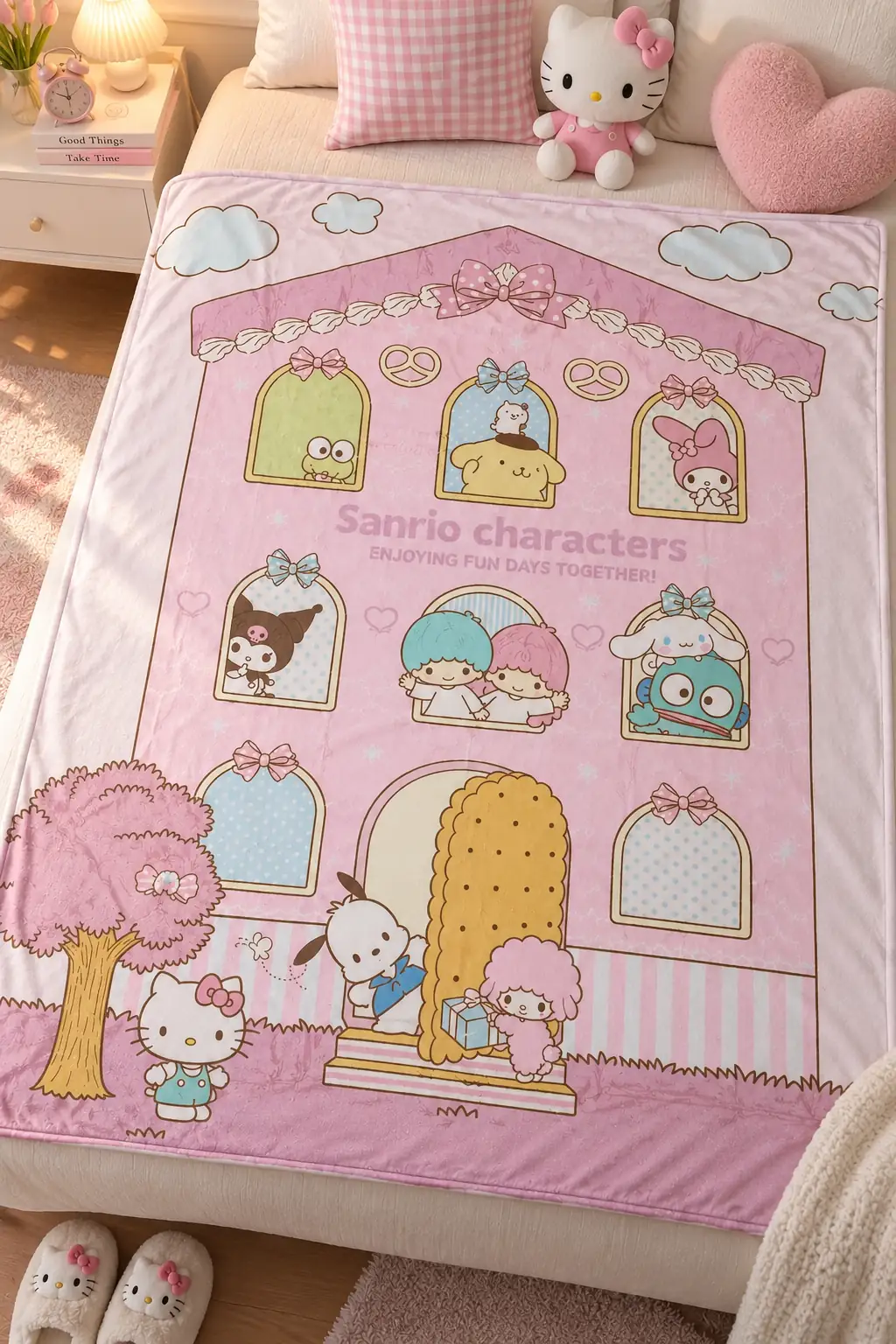 Sanrio Lisanslı Hello Kitty Desenli Battaniye – Dikey Desenli Yumuşacık Koltuk Yatak Örtüsü