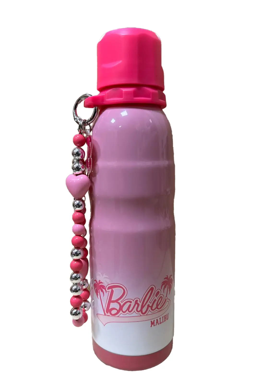 Barbie Lisanslı 304 Paslanmaz Çelik Termos – Boncuklu Zincir Süslemeli ve Pipetli İkonik Pembe Sızdırmaz Termos 600 ML