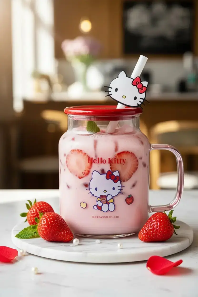 Sanrio Lisanslı Hello Kitty Kapaklı ve Pipetli Cam Bardak – Figürlü Borosilikat Cam Kupa 450 Ml