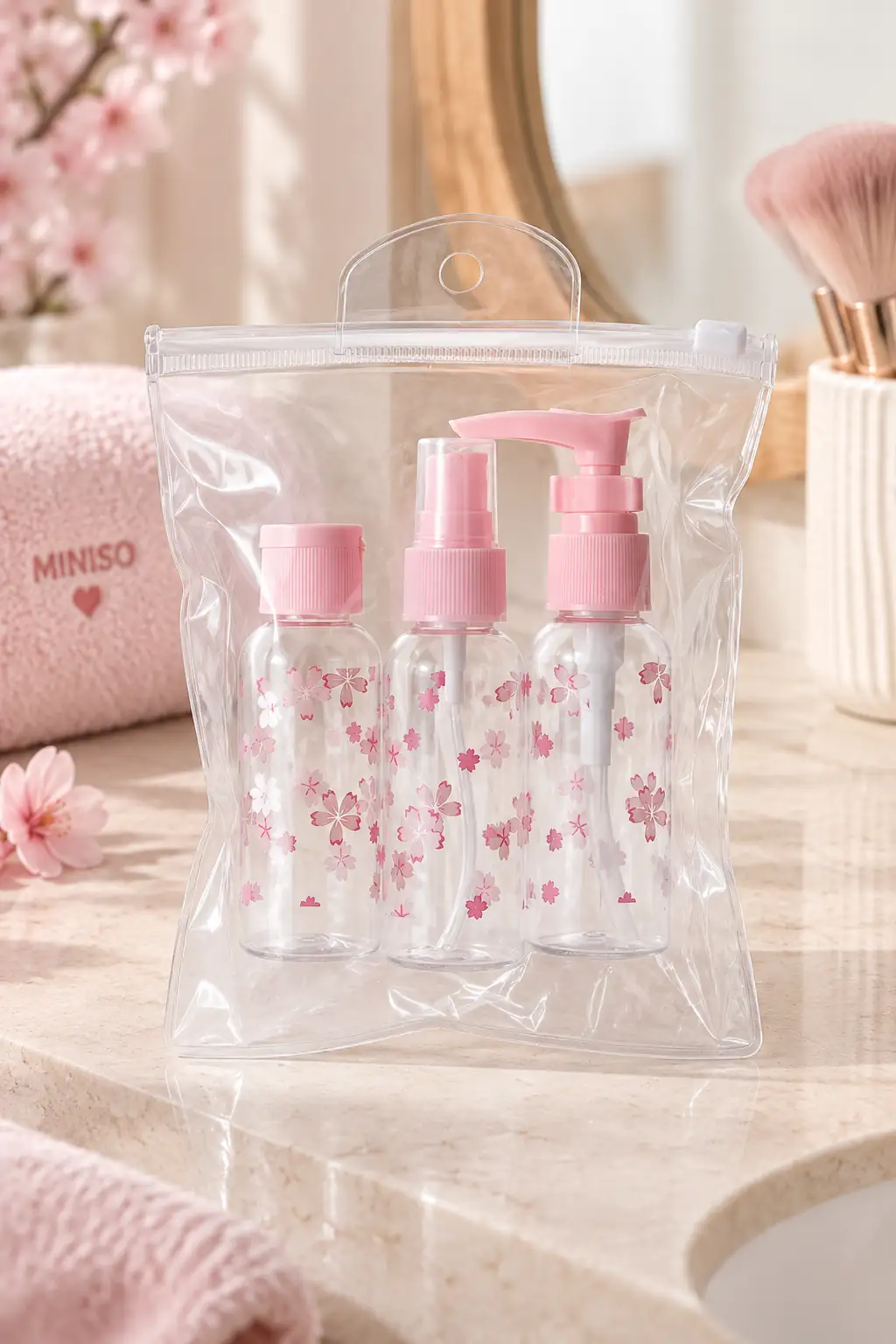 Miniso Lisanslı Sakura Serisi 3'lü Seyahat Şişe Seti