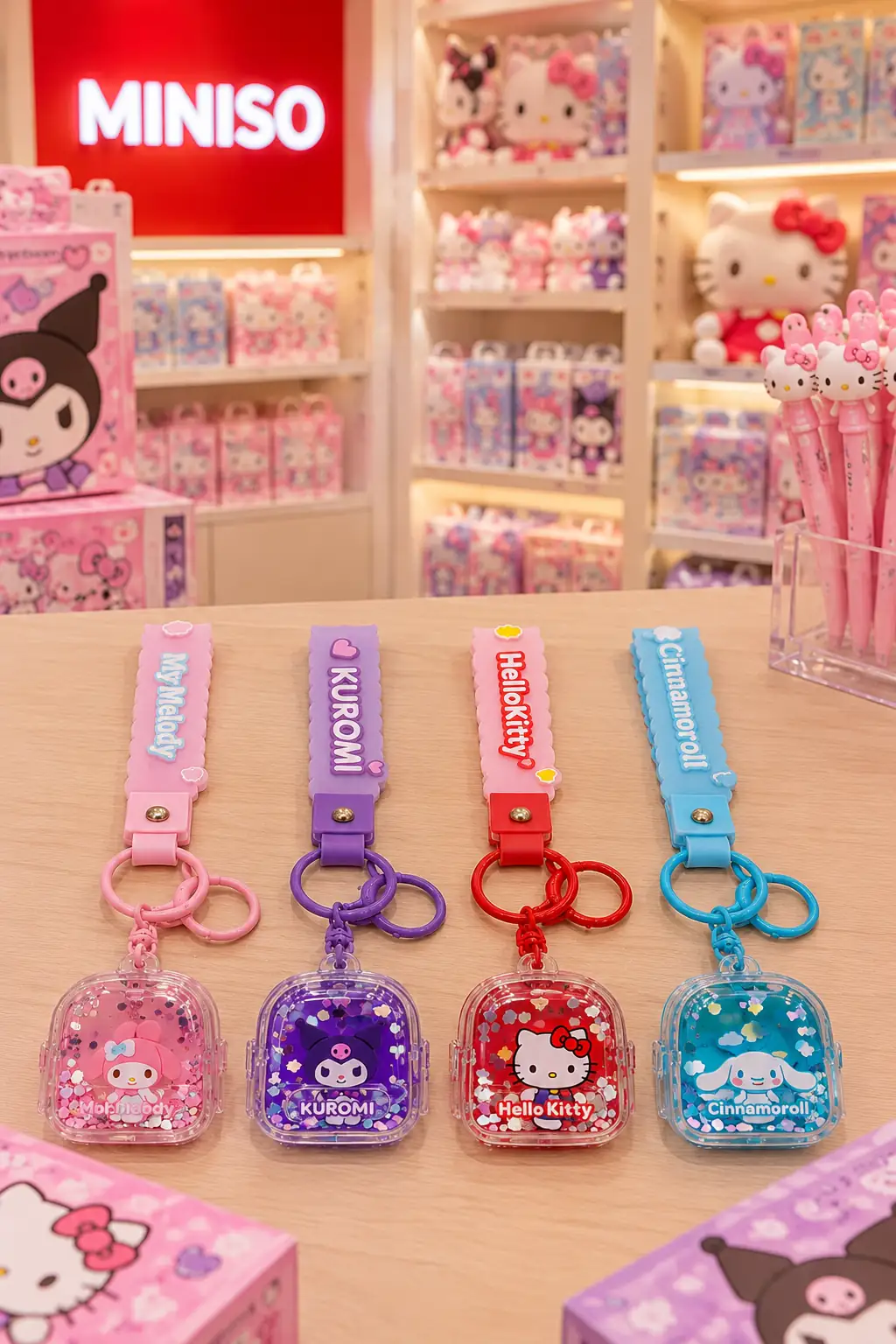 Sanrio Lisanslı Hello Kitty ve Arkadaşları Sıvı Dolgulu Çanta Anahtarlığı – Hareketli Figürlü Model