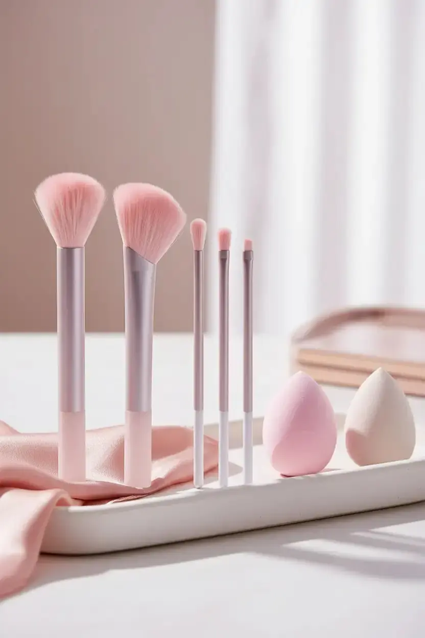 Miniso Lisanslı Bronz Renkli 7'li Makyaj Sünger ve Fırça Seti - Profesyonel Yüz ve Göz Makyaj Seti 19 cm