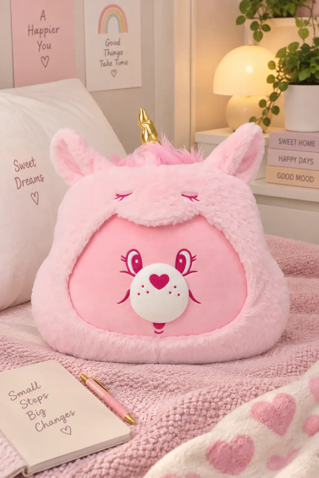 Care Bears Lisanslı Cheer Peluş Yastık 35 Cm – Kostümlü Baş Şekilli Dekoratif Minder
