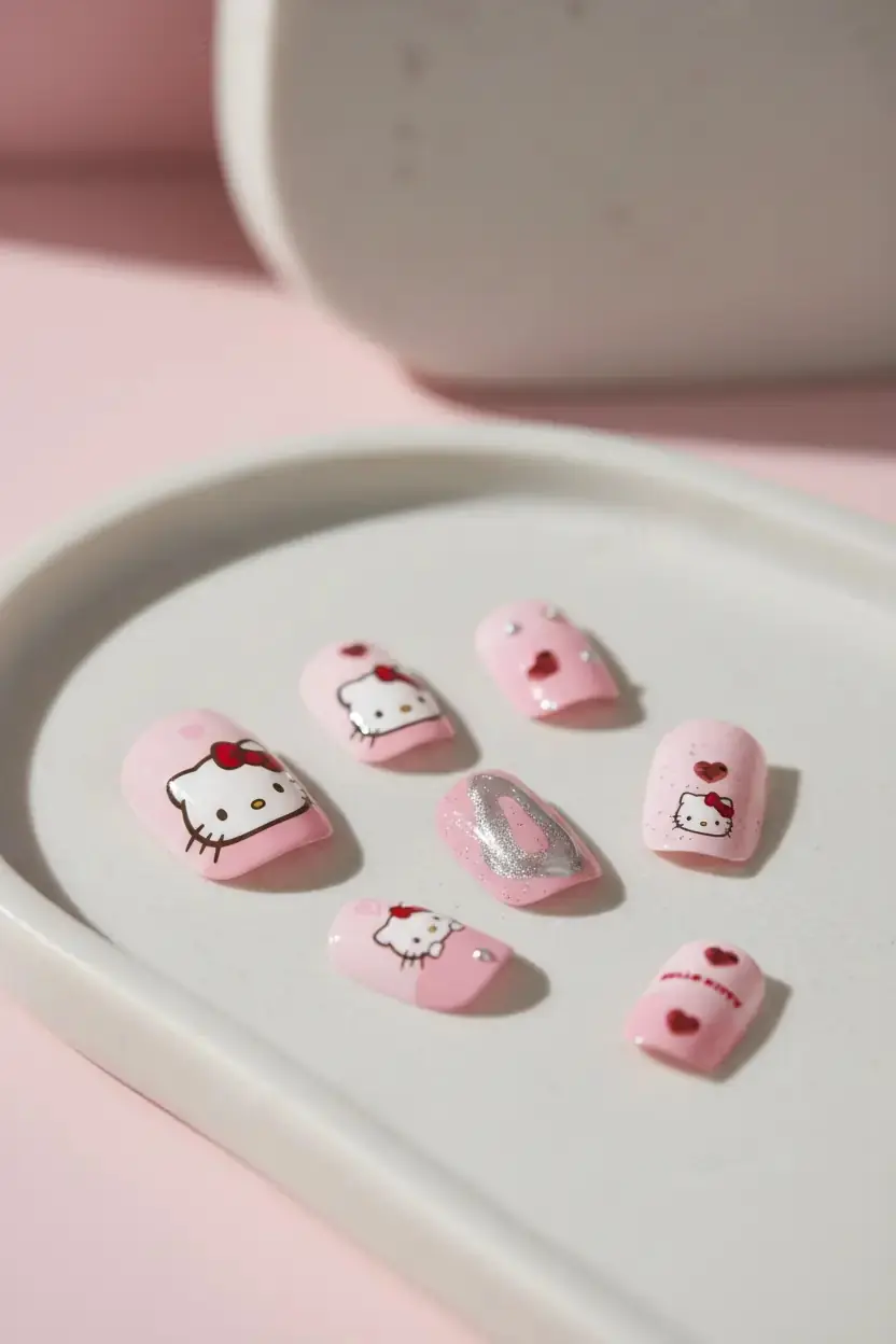 Sanrio Lisanslı Hello Kitty Jel Yapışkanlı Takma Tırnak Pembe Şık Tasarım Model 04