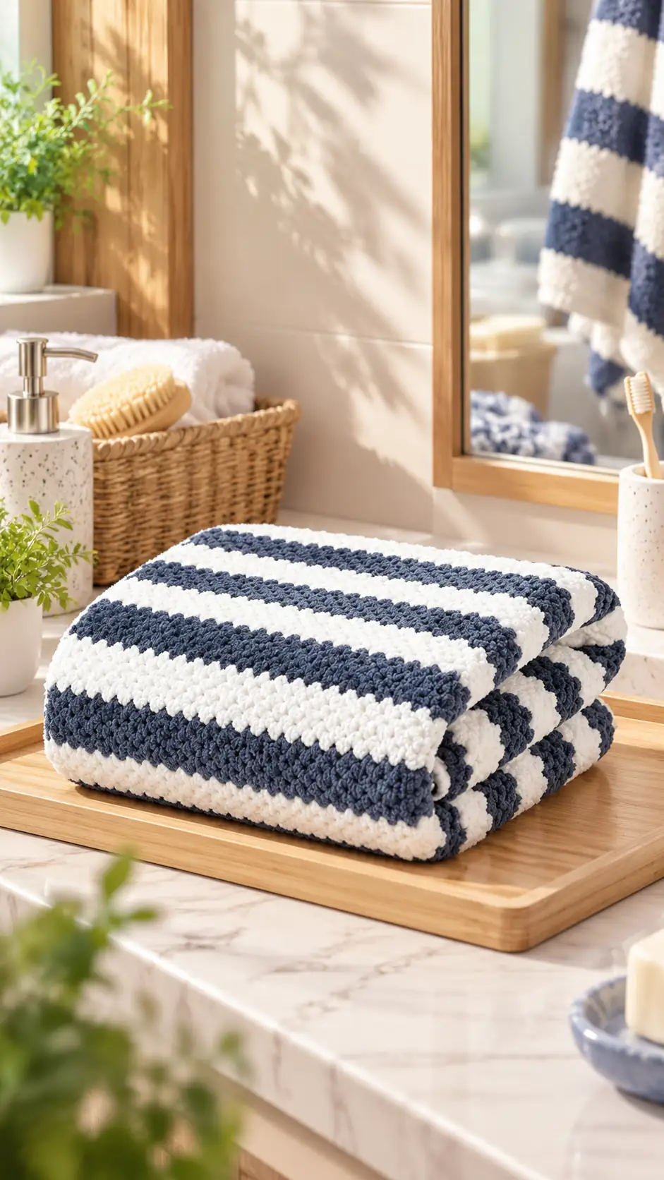 Çizgili Mercan Polar Ultra Yumuşak Banyo Havlusu (Mavi)
