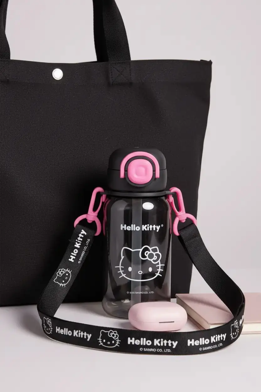 Hello Kitty Siyah Beyaz Serisi Askılı Pipetli Plastik Matara