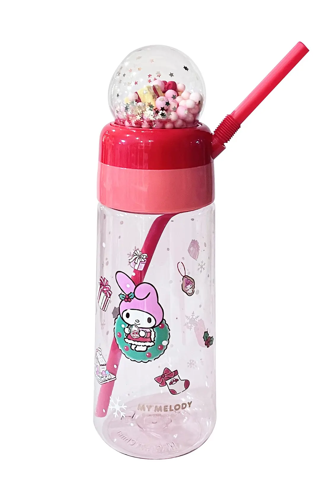 Sanrio Lisanslı My Melody Yılbaşı Koleksiyonu Pipetli ve Kristal Küreli Şişe – Eğlenceli Pembe Matara