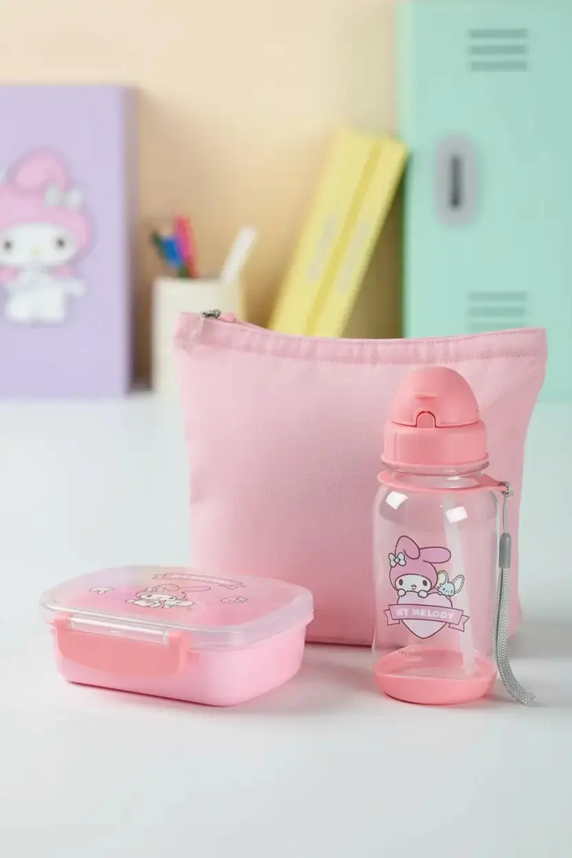 Sanrio Lisanslı My Melody Bento Yemek Kutusu ve Su Şişesi Seti 20 Cm – Günlük Kullanım
