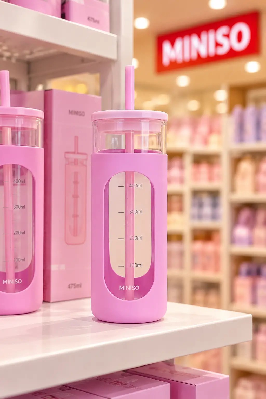 Miniso Lisanslı Silikon Kılıflı Pipetli Borosilikat Cam Şişe - Pembe (475 ml)