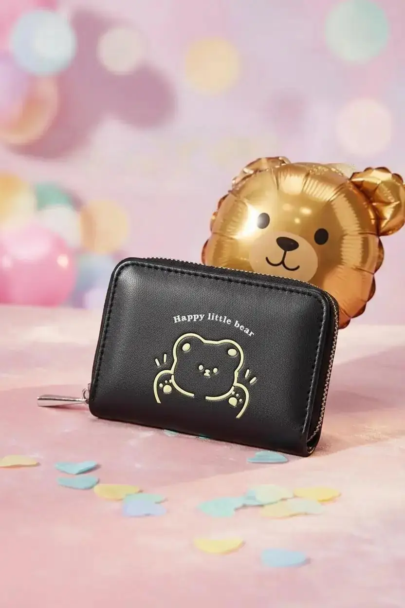 Miniso Lisanslı Little Bear Serisi Fermuarlı Mini Bozuk Para Çantası Siyah 11 Cm