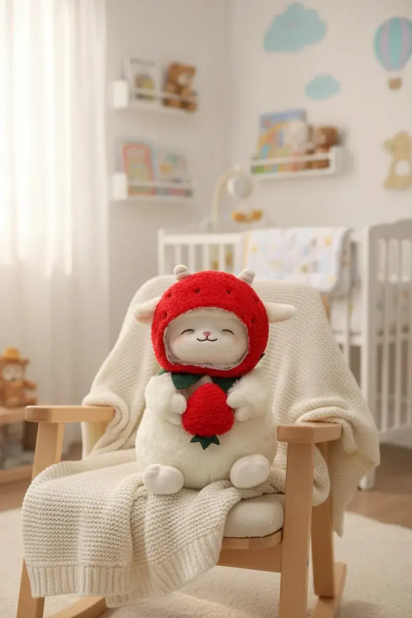 Miniso Lisanslı Kuzu Baa Serisi Çilek Şapkalı Peluş Oyuncak 25 Cm – Yumuşacık Dekoratif Tasarım