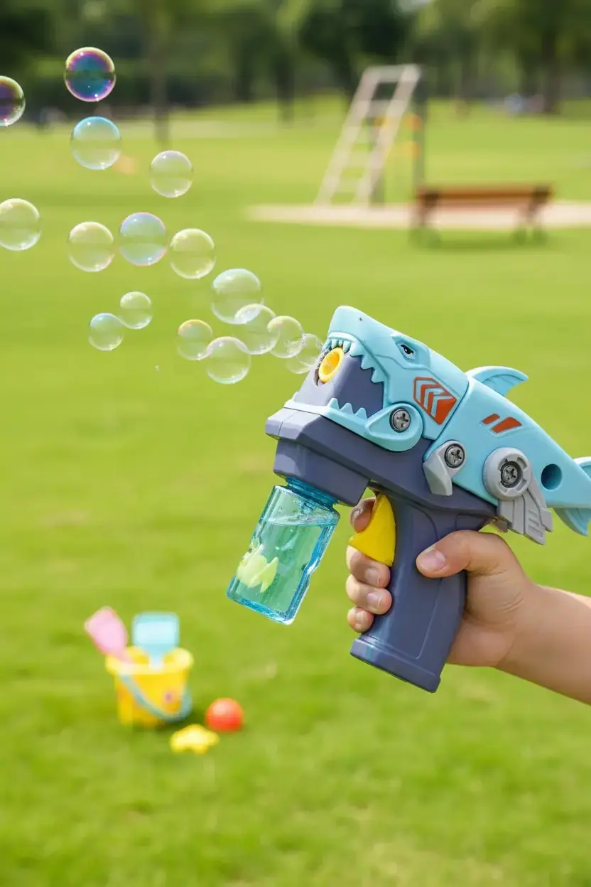 Miniso Lisanslı 3D Köpek Balığı Figürlü Baloncuk Oyuncak Silahı – Eğlenceli Dış Mekan Oyuncağı