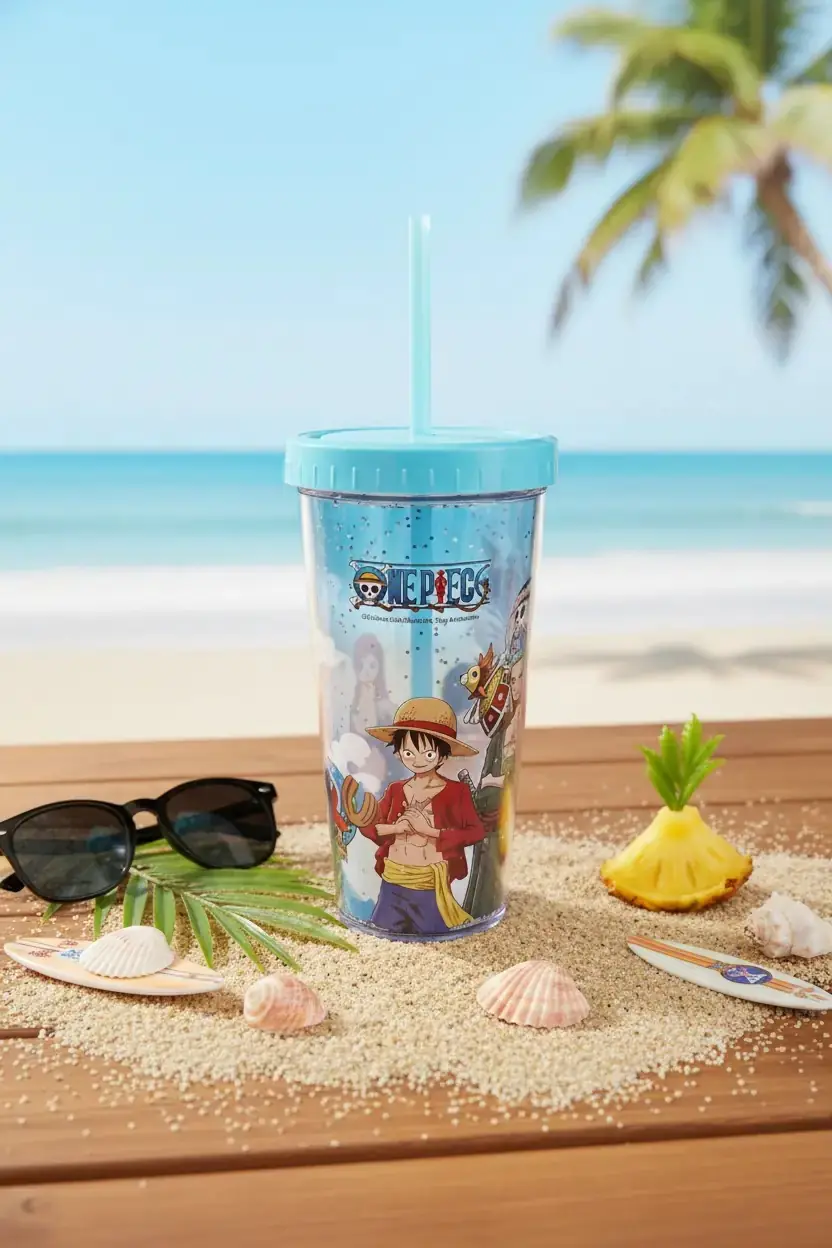 One Piece Lisanslı Çift Cidarlı Pipetli Plastik Su Kabı Mavi – 420 ml Terleme Yapmaz Şeffaf Matara