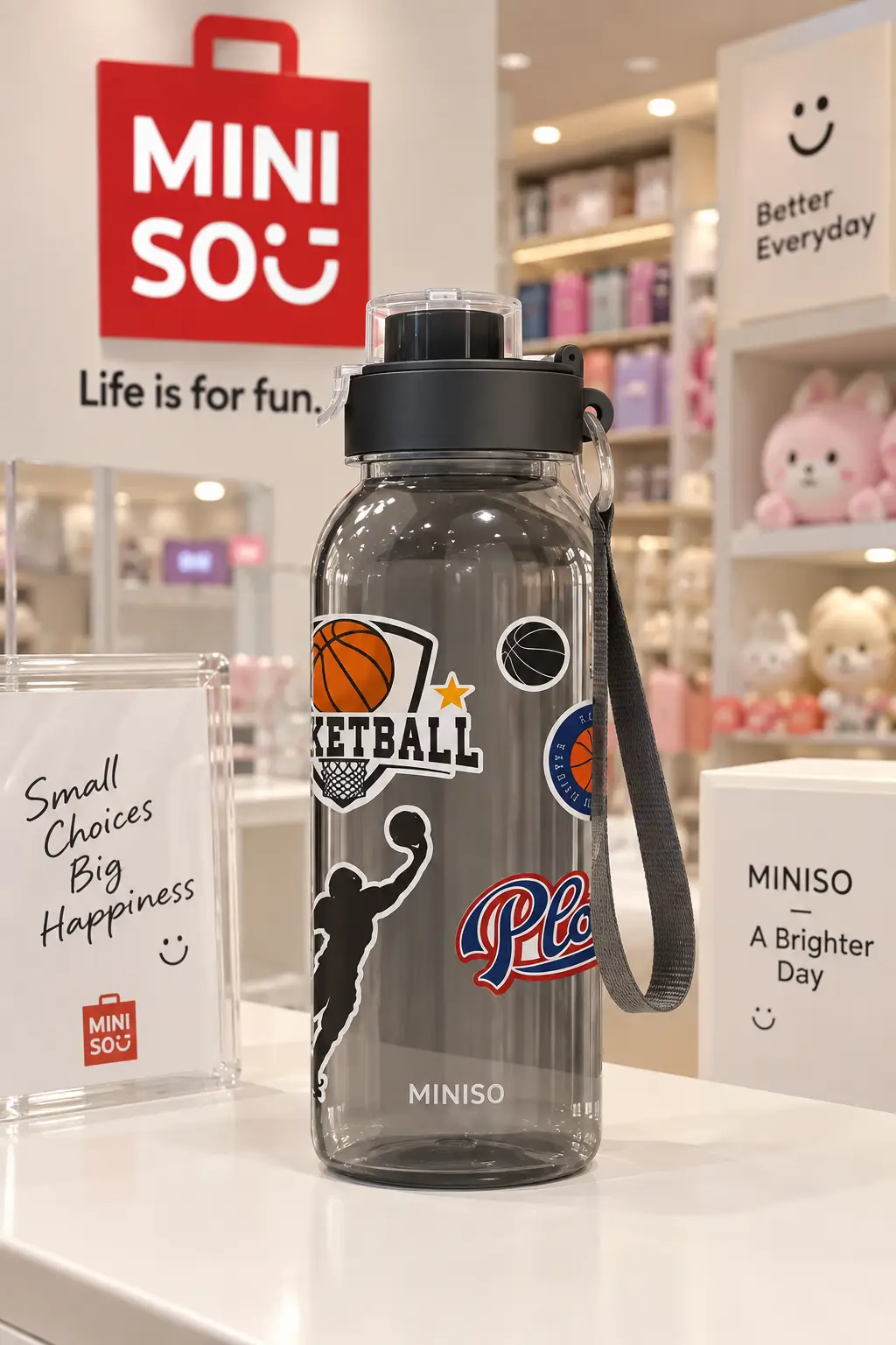 Miniso Lisanslı Kendin Yap Askılı Plastik Şişe Siyah 1100 Ml – Kapaklı