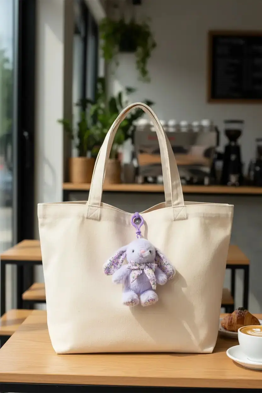 Miniso Lisanslı Fiyonklu Tavşan 6 İnç Peluş Askı Süsü Mor – Çiçek Desenli Model