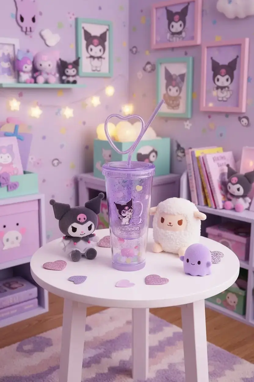Sanrio Lisanslı Kuromi Tatlı Fabrikası Serisi Kalp Pipetli Çift Duvarlı Plastik Şişe 440 ml
