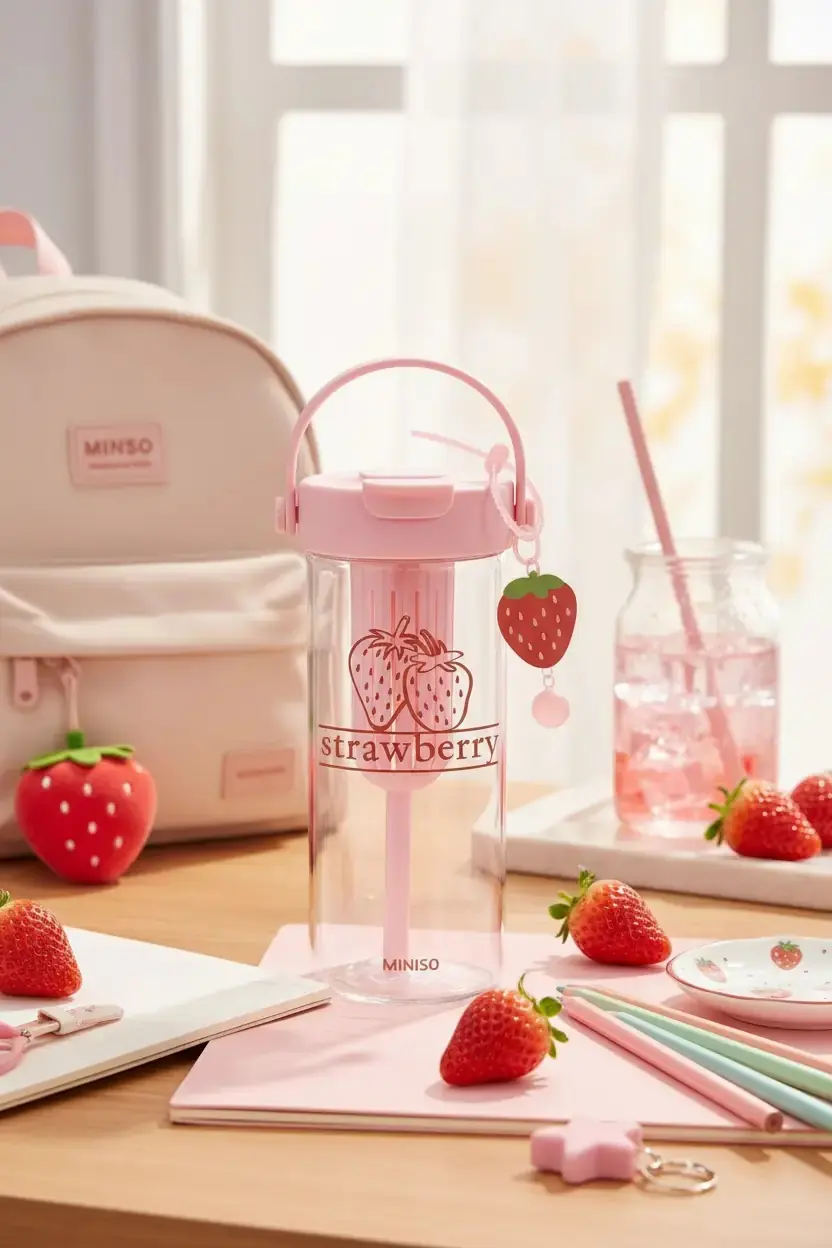 Miniso Lisanslı Çilek Serisi Askılı Plastik Şişe 750 Ml – Pipetli 20,8 Cm