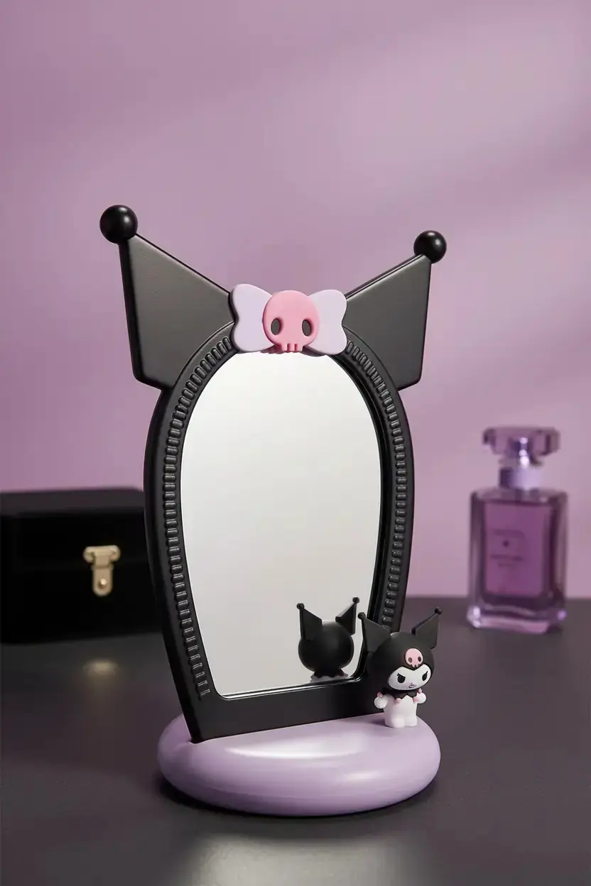 Sanrio Lisanslı Kuromi 3D Figürlü Masaüstü Makyaj Aynası – Dekoratif Tasarım