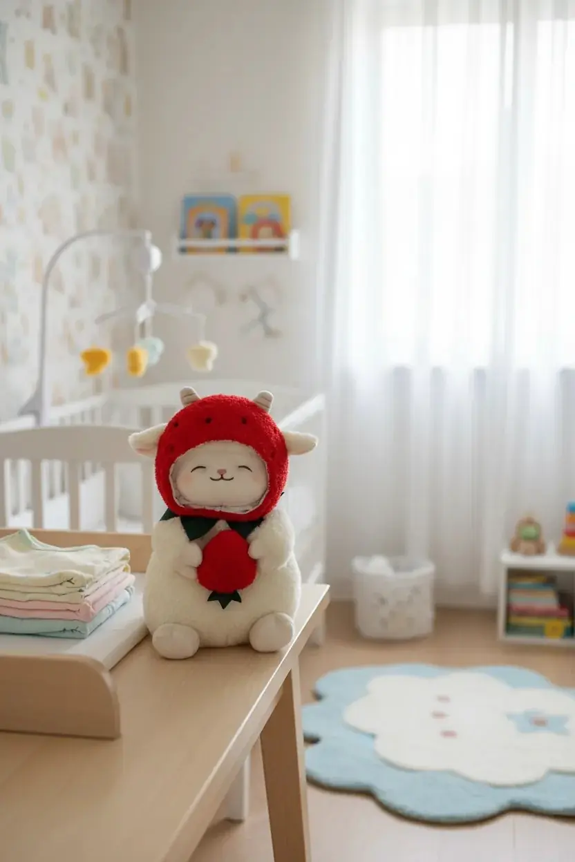 Miniso Lisanslı Kuzu Baa Serisi Çilek Şapkalı Peluş Oyuncak 25 Cm – Yumuşacık Dekoratif Tasarım