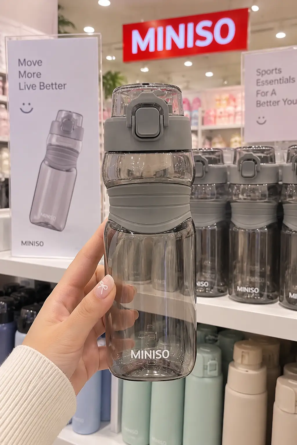 Miniso Lisanslı Outdoor Sports Tritan Şişe 750 mL – Yaylı Kapaklı Gri
