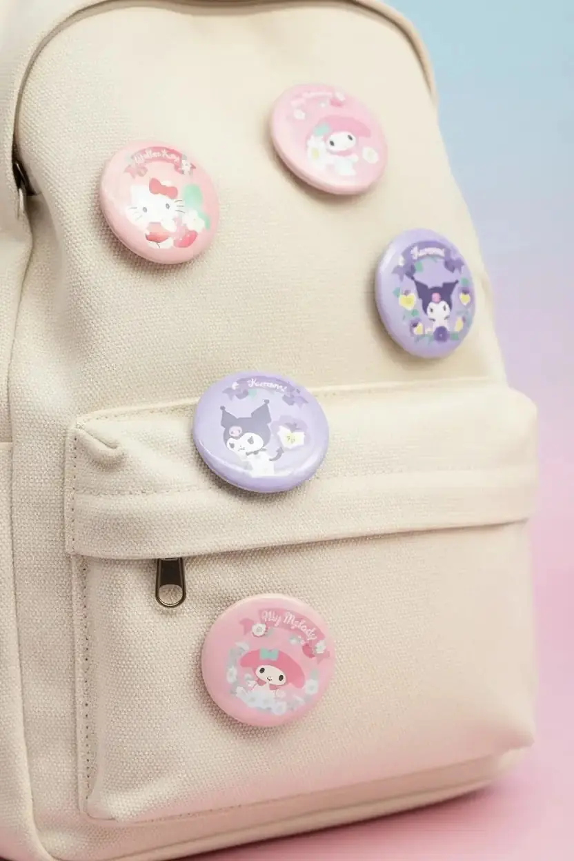 Sanrio Lisanslı Metal 4'lü Rozet Seti - Hello Kitty, Kuromi ve My Melody Figürlü Çanta Aksesuarı