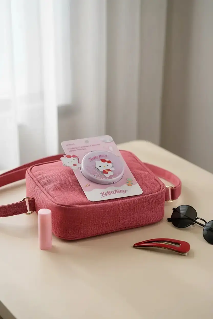 Sanrio Lisanslı Hello Kitty Katlanabilir Simli Sıvılı Ayna – 2X Büyütme