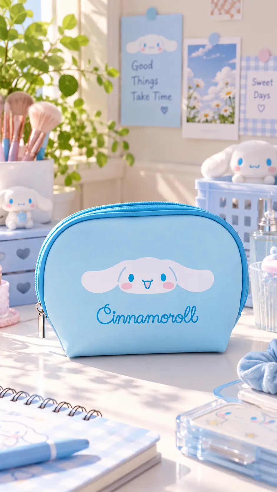 Cinnamoroll Lisanslı Kozmetik Çantası – Açık Mavi ve Kompakt
