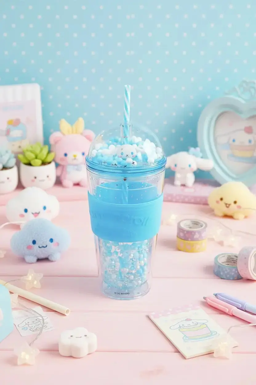 Sanrio Lisanslı Cinnamoroll Parti Serisi Pipetli Plastik Şişe – 600 ml Boncuklu Işıltılı Matara