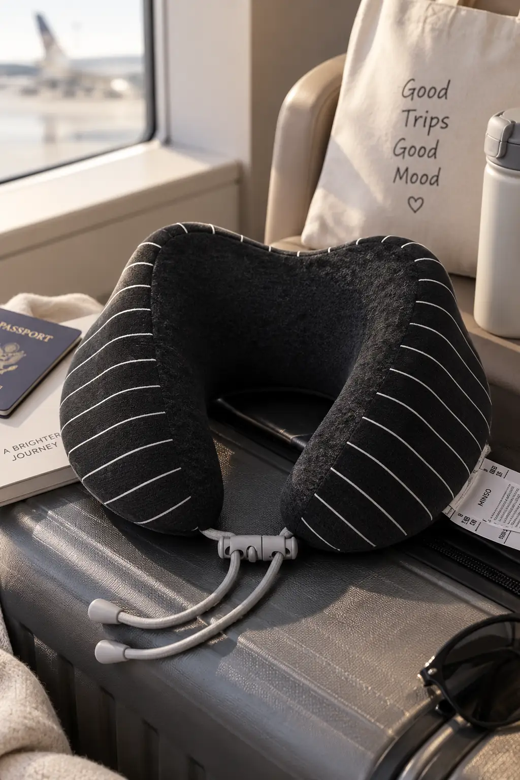 Miniso Lisanslı Çizgili Boyun Yastığı – Koyu Gri Yumuşak Seyahat Yastığı