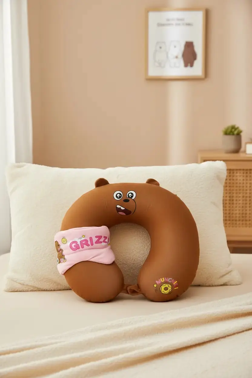 We Bare Bears Lisanslı Bozayı Boyun Yastığı ve Uyku Gözlüğü Seti – Yumuşak Dokulu Grizzly Seyahat Seti