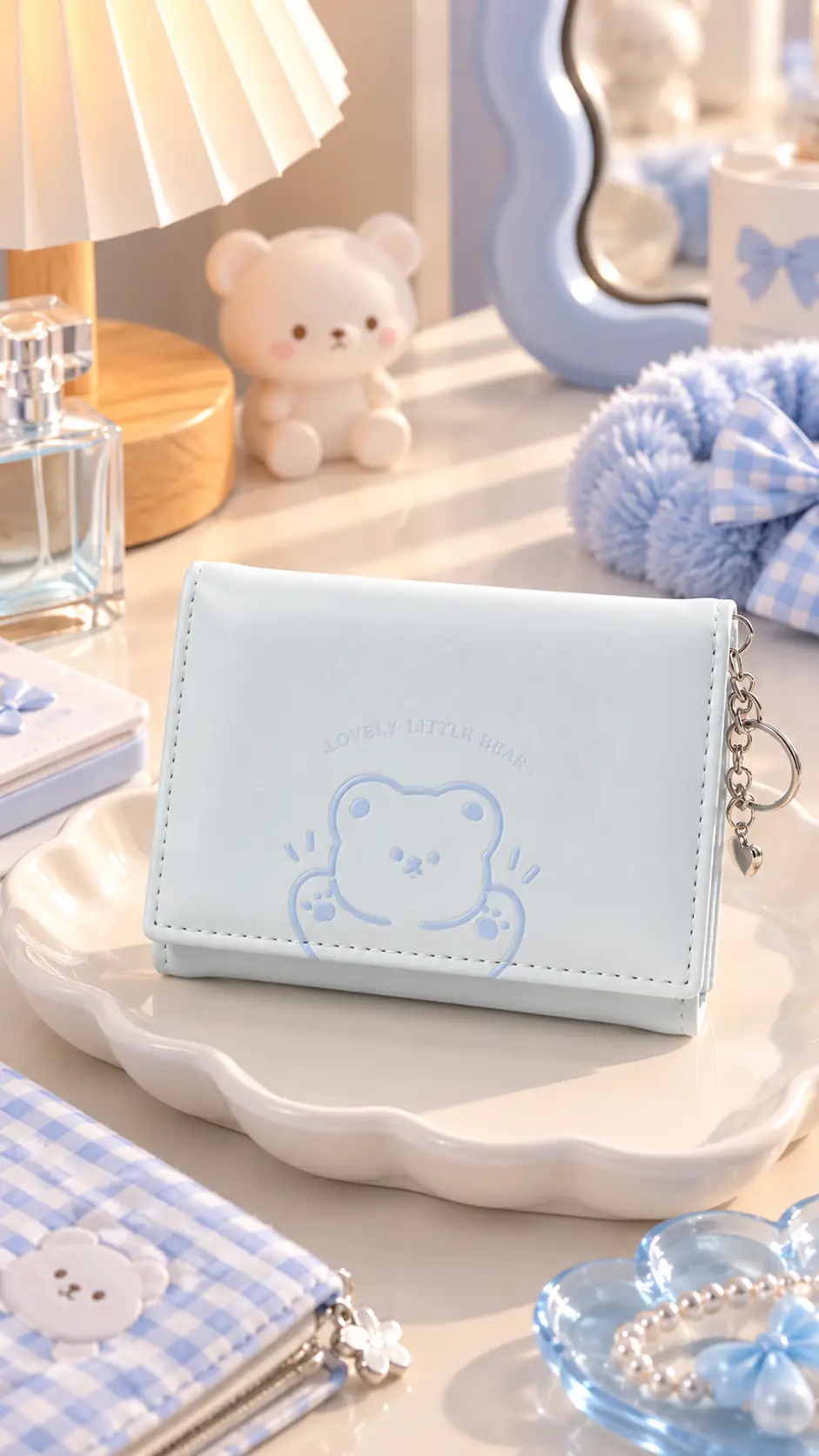 Miniso Lisanslı Küçük Ayı Serisi Üç Bölmeli Kadın Cüzdanı (Mavi) – Fonksiyonel Kartlık Ve Bozuk Para Cüzdanı 11 Cm