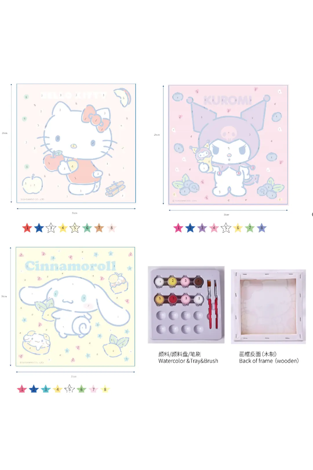 Sanrio Lisanslı Hello Kitty ve Arkadaşları Numaralı Yağlıboya Tablo Seti – Çam Çerçeveli Tuval ve Akrilik Boya İçerikli Hobi Seti 20x20 Cm
